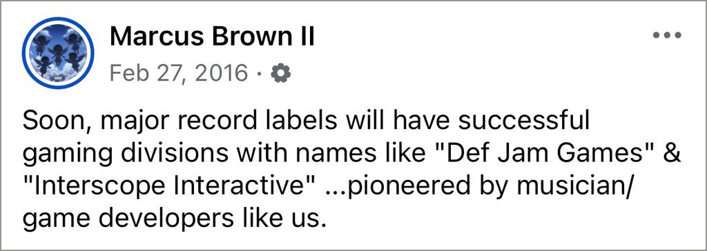 Tweet about dreaming for record labels to have their own video gaming divisions